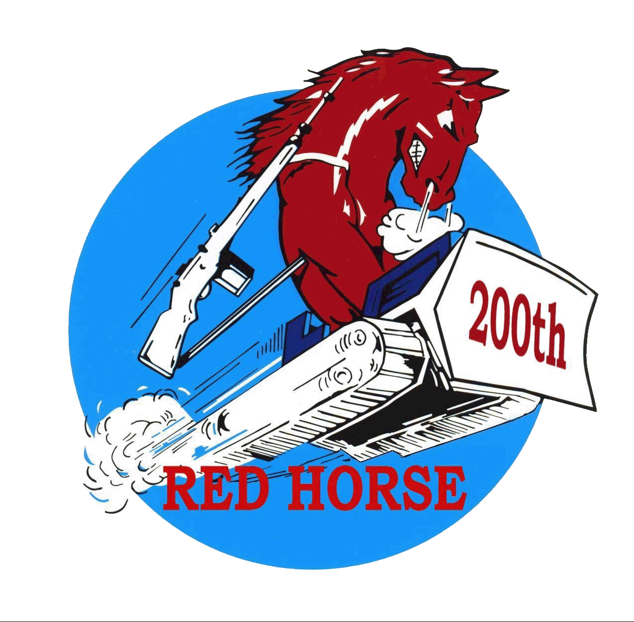 Graphic: 200th RED HORSE Charging Charlie riding heavy dirt moving equipment 
